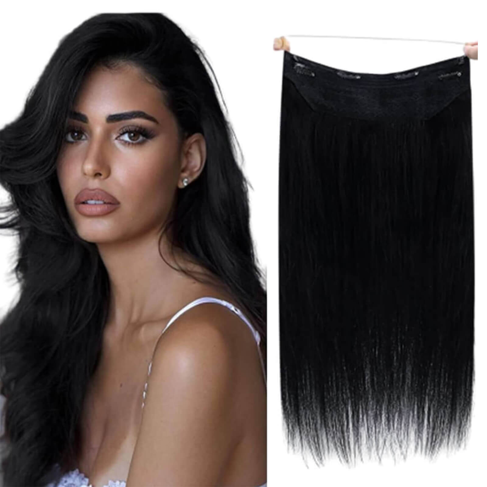 NEW】Ugeat Wire Human Hair Extensions Natural Black Real Fish Line