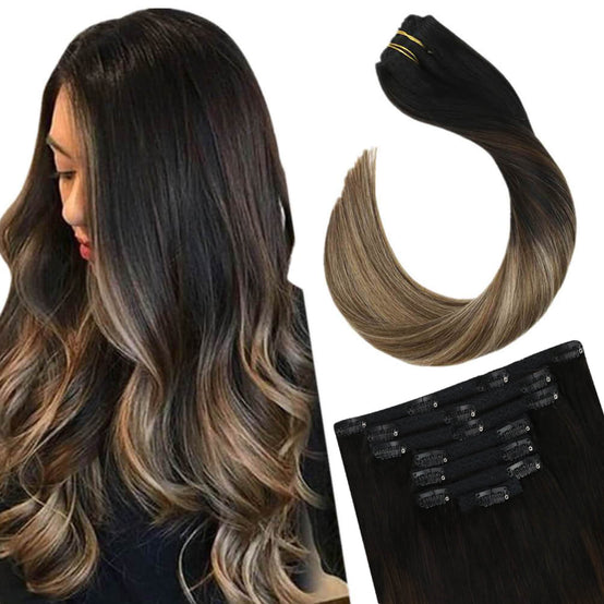 Off Black Clip on Extensions Weft Hair Human Hair Clip in Extensions