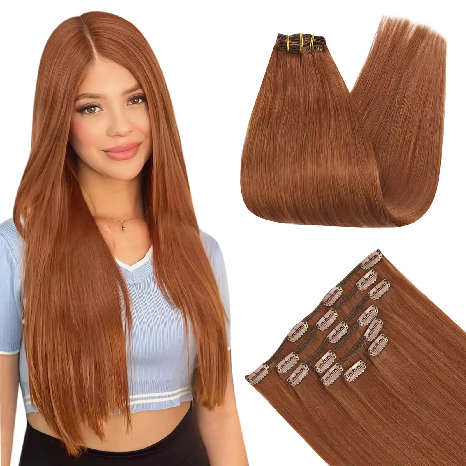 clip in hair extensions real human hair copper color