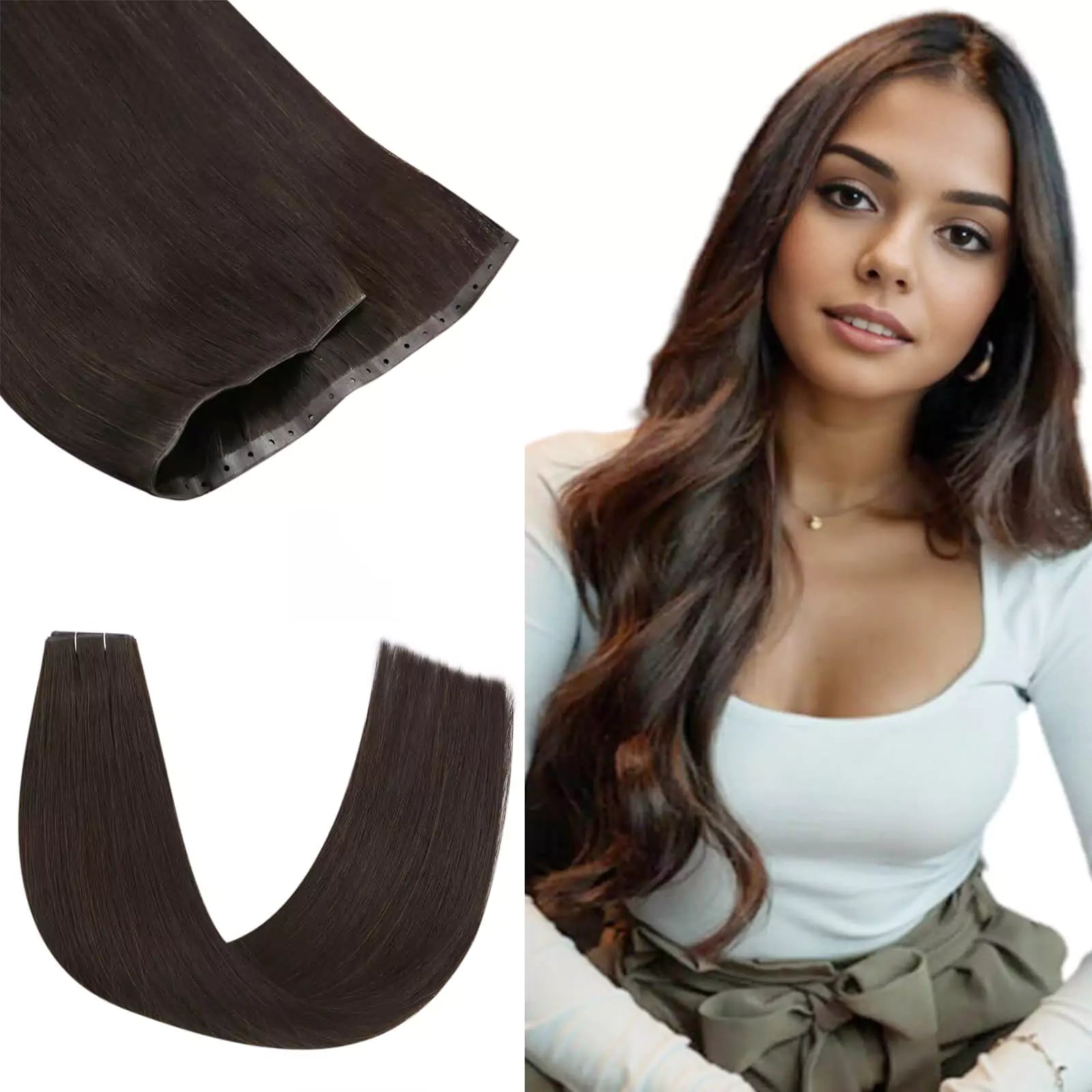 Seamless Injected PU Flat Weft With Hole Human Hair Darkest Brown