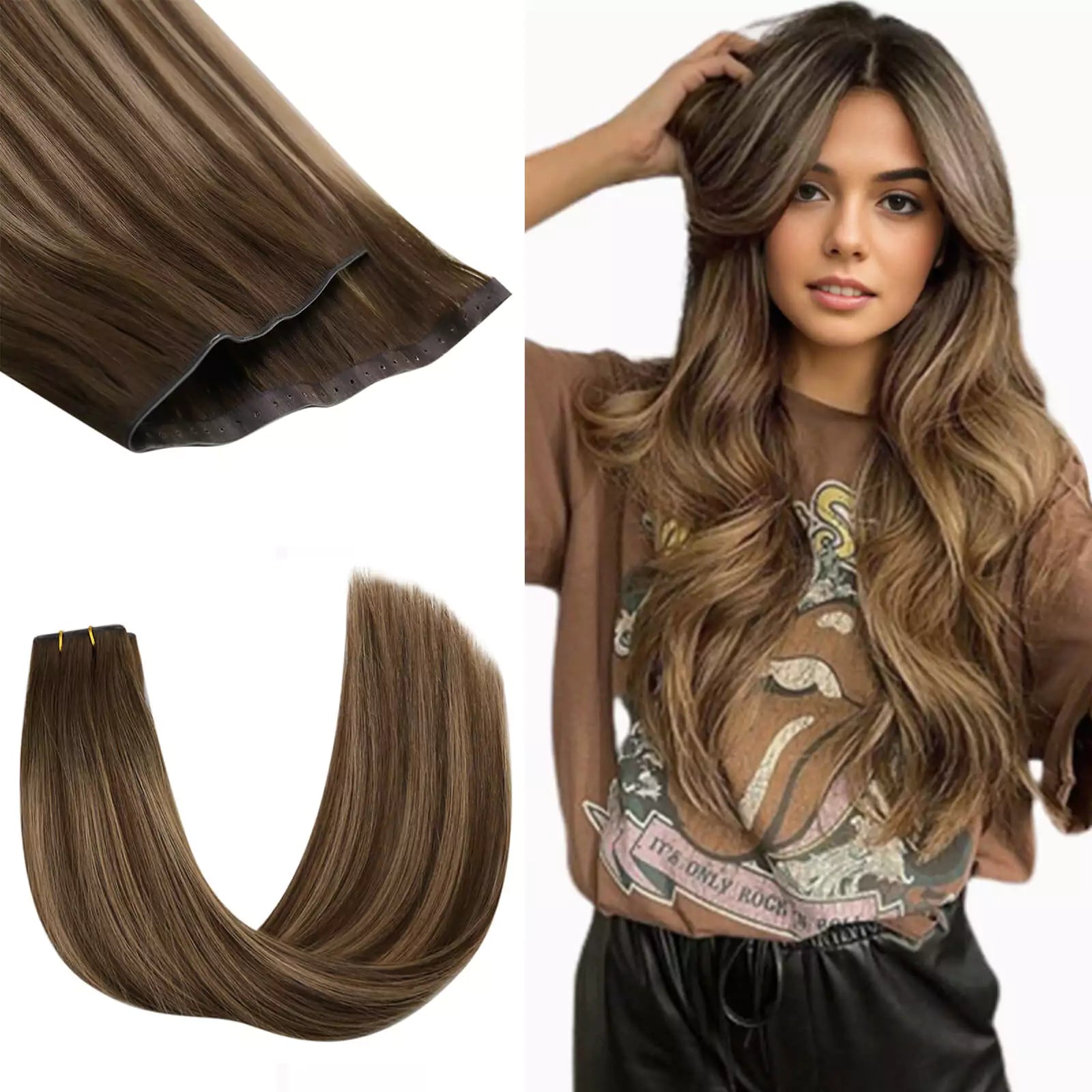 Seamless Injected Hole Flat Weft Human Hair Balayage Color 4/27/4