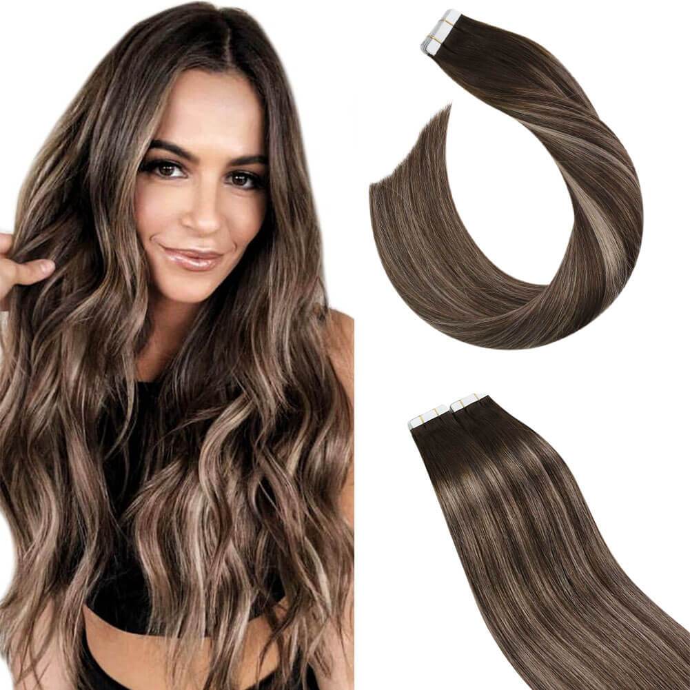 Tape on Hair Extensions Brown with Ash Blonde Balayage Color #4/18/4 ...
