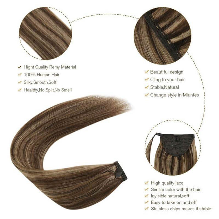 Ponytail Clip in Human Hair Extensions Brown #4 with Blonde 4/27